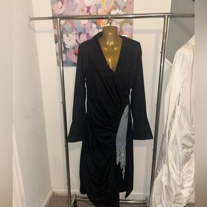 Black Women's Long Sleeve Wrap Dress with Distressed Denim Accent